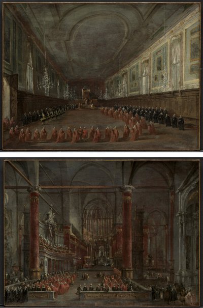 Pave Pius VI stiger ned tronen for å ta avskjed med dogen i SS-hallen. Giovanni e Paolo, 1782 og pavelig seremoni i SS. Giovanni e Paolo, Venezia, 1782 (par) av Francesco Guardi