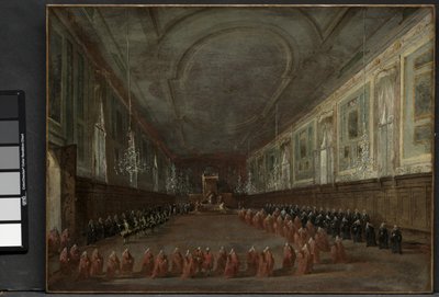Pave Pius VI stiger ned tronen for å ta avskjed med dogen i SS-hallen. Giovanni e Paolo, 1782 og pavelig seremoni i SS. Giovanni e Paolo, Venezia, 1782, ca. 1783 av Francesco Guardi