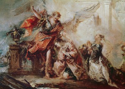 The Marriage of Tobias, detalj om ekteparet Sara og Tobias før Rafaels mellomledd takket Gud, ca. 1750 av Francesco Guardi