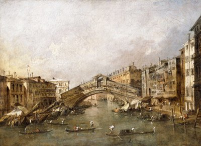Rialtobroen, Venezia, med gondoler i forgrunnen, av Francesco Guardi
