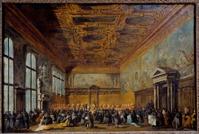 Publikum bevilget av Doge of Venezia (sannsynligvis Alvise IV Mocinego (1701-1778)) i College Hall ved Ducal Palace of Venezia Maleri av Francesco Guardi (1712-1793) 1766-1770 Søn. 0,67 x 1,01 m av Francesco Guardi