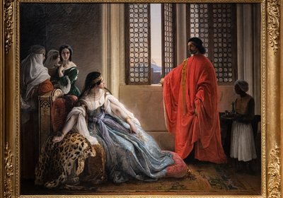 Giorgio Cornaro, sendt til Kypros av republikken Venezia, informerer dronning Caterina Cornaro, en av hans slektninger, at hun ikke lenger er eier av hennes regjeringstid da løvestandarden vinker på festningen på øya av Francesco Hayez
