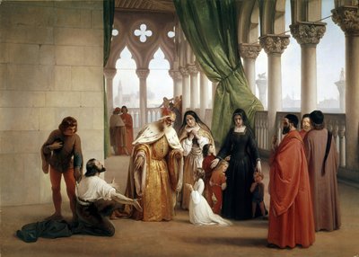 The Two Foscari: Francesco Foscari, doge av Venezia som forviser sønnen Jacopo på siktelse for forræderisk korrespondanse mens han var i eksil (olje på lerret, ca. 1852) av Francesco Hayez