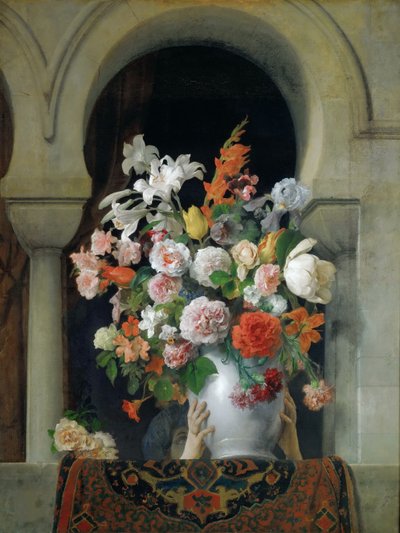 Vase med blomster på vinduet til et harem, 1881. av Francesco Hayez