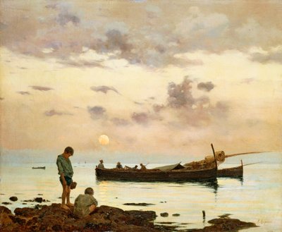 Marina med fiskebåt og gutter, av Francesco Lojacono (1838-1915), olje på lerret, 64x77 cm av Francesco Lojacono