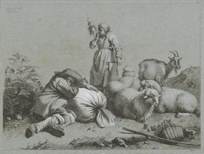 Hyrde og gjeterinne med sau og geit Shepherd-scener (serietittel) av Francesco Londonio