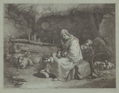 Interiør i en stall med en sittende spinner og sovende barn, 17591782. av Francesco Londonio