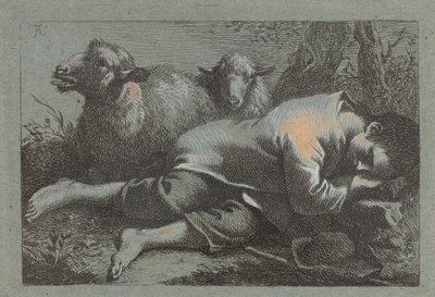 Bondegutt sover i nærheten av to sauer av Francesco Londonio