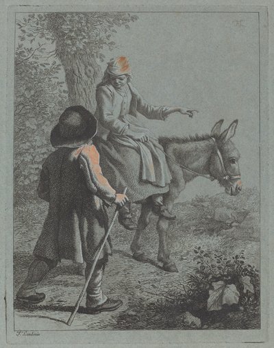 Bondekvinne sitter på et esel og en bondemann av Francesco Londonio