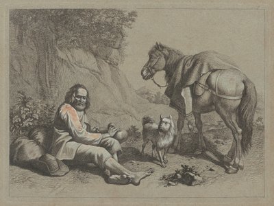 Sittende gammel mann i ferd med å drikke av en kalebass, ca. 1763. av Francesco Londonio