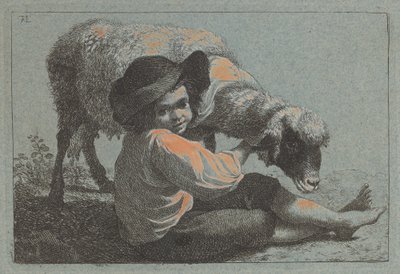 Sittende bondegutt som holder en sau. av Francesco Londonio