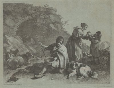 Sittende gjetergutt og kvinne som gir en drink til et barn, 17591782. av Francesco Londonio