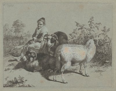 Sittende gjeterinne med tre værer, 1762. av Francesco Londonio