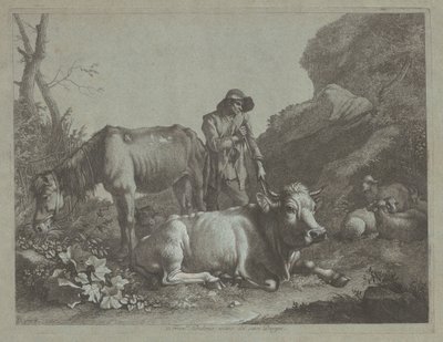 Hyrde hviler på en spaserstokk med en gammel hest og en liggende okse av Francesco Londonio