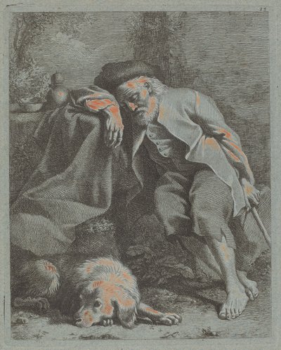 Sovende gammel mann med hund av Francesco Londonio