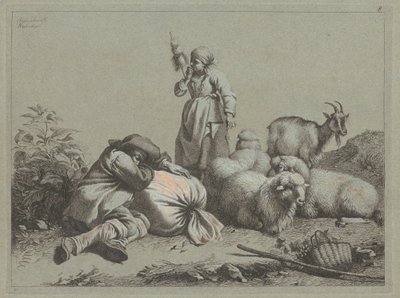 Sovende bonde og stående spinner, 1763. av Francesco Londonio