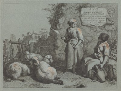 Two Girls Conversing: One Standing and Spinning, 1764. av Francesco Londonio