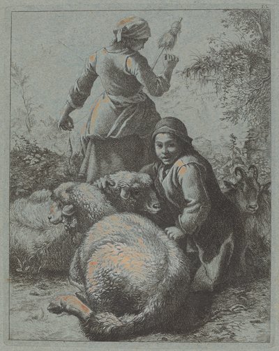 Kvinnespinner og en hyrde med flokk, 17581759. av Francesco Londonio
