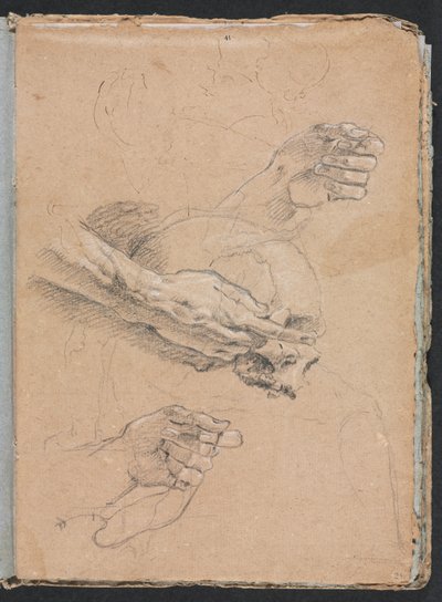 Verona Sketchbook: Studie av hender og hodeskalle (side 21) av Francesco Lorenzi