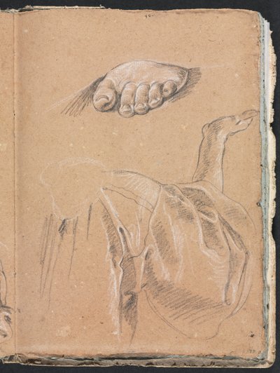 Verona Sketchbook: Studie av en venstre fot og draperistudie med høyre arm side 79, 1760. av Francesco Lorenzi