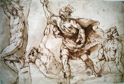 Studier for St. Sebastians martyrium og steiningen av St. Stefan (w.c på papir) av Francesco Maffei