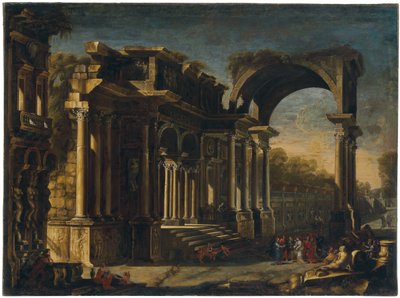 Capriccio med romerske ruiner og Kristus med kvinnen tatt i utroskap av Francesco Maglioli