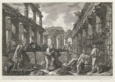 Titteltrykk med rester av Neptuntemplet ved Paestum med tittel på blokker Ulik utsikt over restene av tre store bygninger som fortsatt står ved Paestum (serietittel) Différentes vues de quelques hviler de trois grands édifices qui av Francesco Piranesi