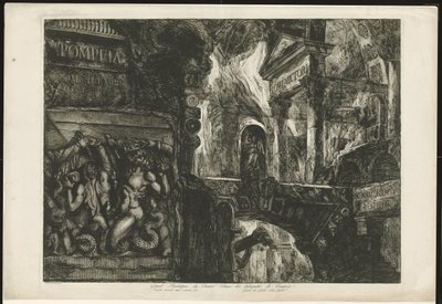 Titelprent met tempel en byggefragmenten Pompeia Tome Premier (tittel på objekt) Grand Frontispice av det første bindet av Pompeïas antikviteter / Templet brent en annen gang / Giants krig mot Jupiter (tittel på objektet) av Francesco Piranesi