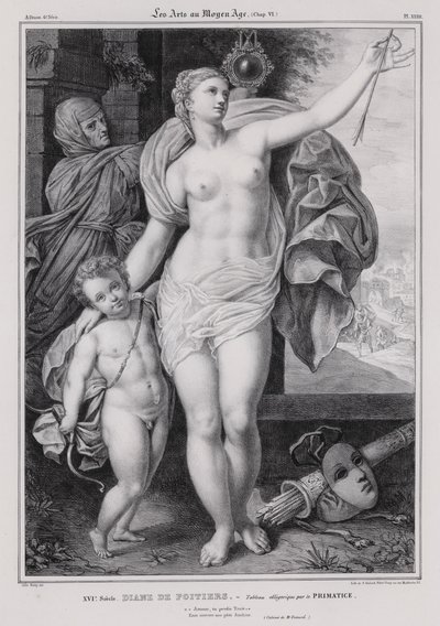 Allegorisk maleri av Diane de Poitiers, elskerinne til kong Henry II av Frankrike (litho) av Francesco Primaticcio