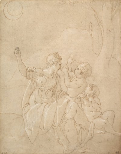 Klassisk kvinnefigur Diana eller Venus med to spedbarn, ca. 1539-42. av Francesco Primaticcio