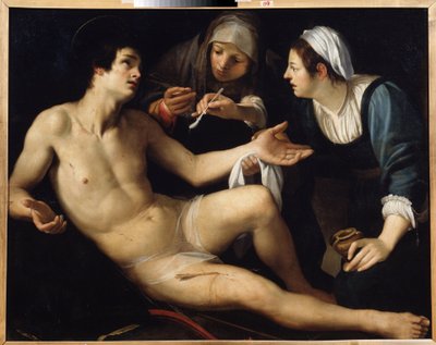 Saint Sebastian (Saint Sebastian). Han blir tatt hånd om fra sårene sine av en ung enke, Saint Irene. Maleri av Francesco Rustici (cirka 1575-1626). Olje på lerret, 119 x 148 cm. Kunst fra Siena, italiensk manerisme. Statens kunstmuseum, Jekaterinburg. av Francesco Rustici