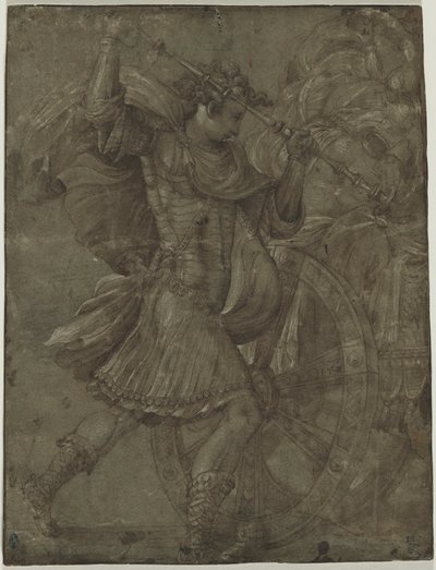 Mann i rustning ved siden av en vogn, ca. 1550. av Francesco de Rossi Salviati Cecchino