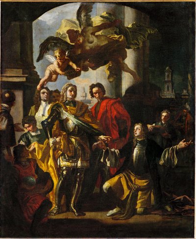 Gundaker greve Althan, direktør for de keiserlige bygningene, overrekker keiser Karl VI inventaret til det nye malerigalleriet i Stallburg. av Francesco Solimena
