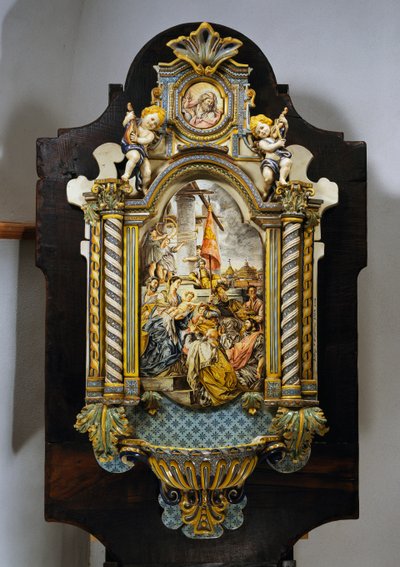 Stor helligvannsfont i malt majolica med sentral scene fra maleriet Adoration of the Magi av Francesco Solimena (1657-1747), Italia, 1900-tallet av Francesco Solimena