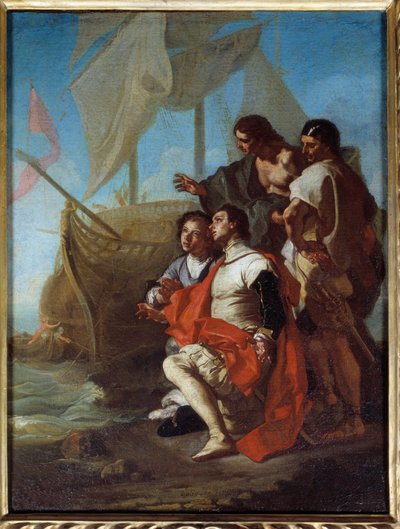 Ankomsten av oppdagelsesreisende Christopher Columbus (1451-1506) til Amerika Maleri av Francesco Solimena dit l