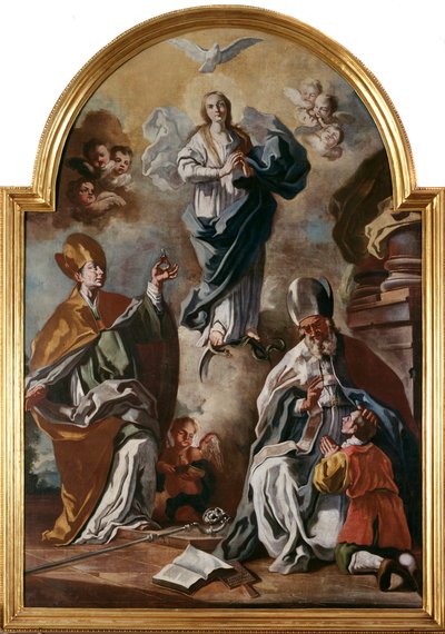 Den Hellige Ånds due vises over Jomfruen med helgener (olje på lerret av Francesco Solimena