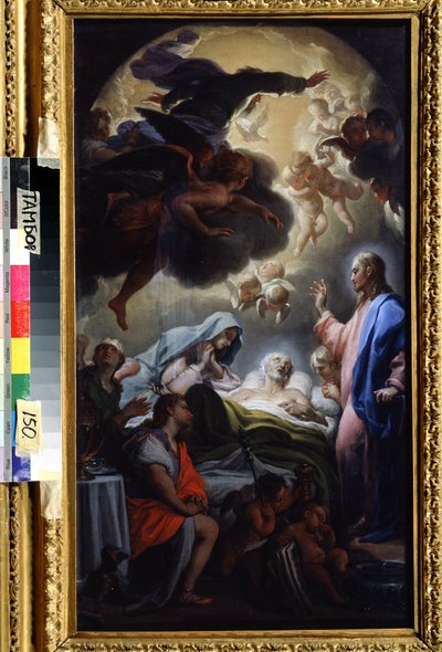 Josefs død (Josefs død). Representasjon av Den Hellige Treenighet: Jesus Kristus, Gud og Den Hellige Ånds due (Den Hellige Ånd). Maleri av Francesco Trevisani (1656-1746). Olje på lerret, 69,5 x 39,5 cm av Francesco Trevisani