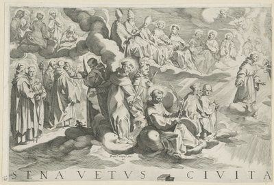 Kart over Siena (øverst til venstre) Senavetus civitas virginis (tittel på objekt) av Francesco Vanni