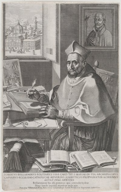 Kardinal Roberto Bellarmino ved skrivebordet hans, skriver, 1604. av Francesco Villamena