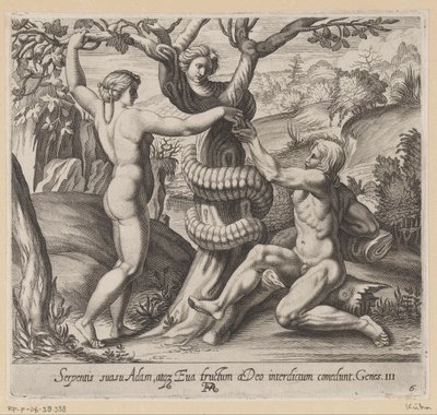 Eva tilbyr Adam den forbudte frukten Malerier i Raphaels Loggia (serietittel) La Sacra Genesi (serietittel) av Francesco Villamena