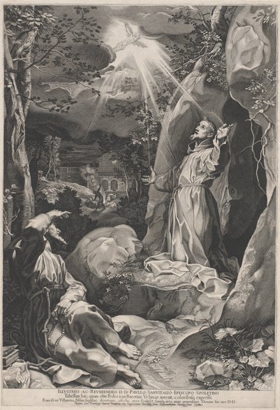 Saint Francis mottar Stigmata av Francesco Villamena, after Federico Barocci