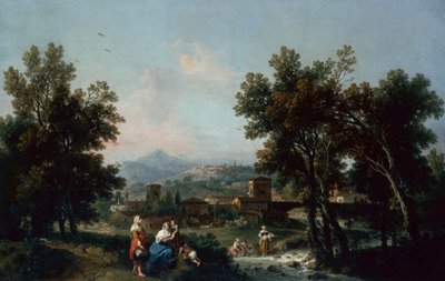 Et skogkledd landskap med vaskekvinner ved en elv (olje) av Francesco Zuccarelli