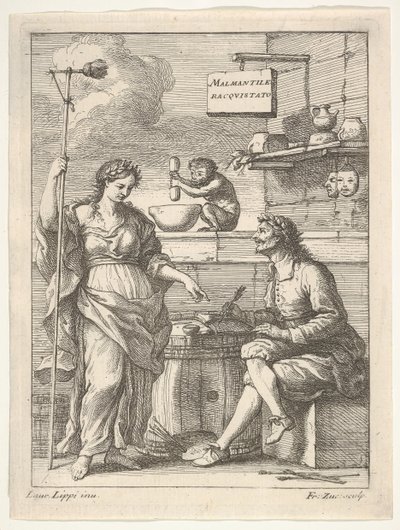 En ape som arbeider med en morter og en stamper, nedenfor Lorenzo Lippi skriver sin humoristiske ..., ca. 1710-64. av Francesco Zuccarelli