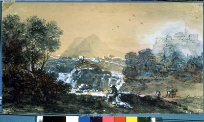 Landskap med en foss. Tegning av Francesco Zuccarelli (1702-1788). Akvarell og blekk på papir av Francesco Zuccarelli