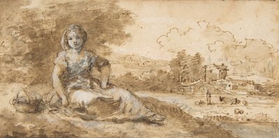 Sittende jente i et landskap, 1702-88. av Francesco Zuccarelli