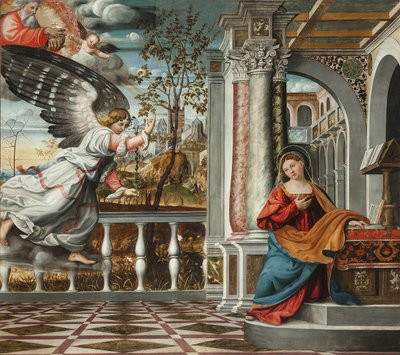 Bebudelsen av Francesco da Milano (aktiv 1502-1548). Fresco,, katedralen i Serravalle, Vittorio Veneto av Francesco da Milano