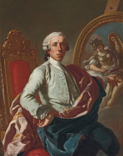 Portrett av kunstneren, trekvartlengde, sittende, med en blyant, ved et staffeli med et bilde av Minerva av Francesco de Mura