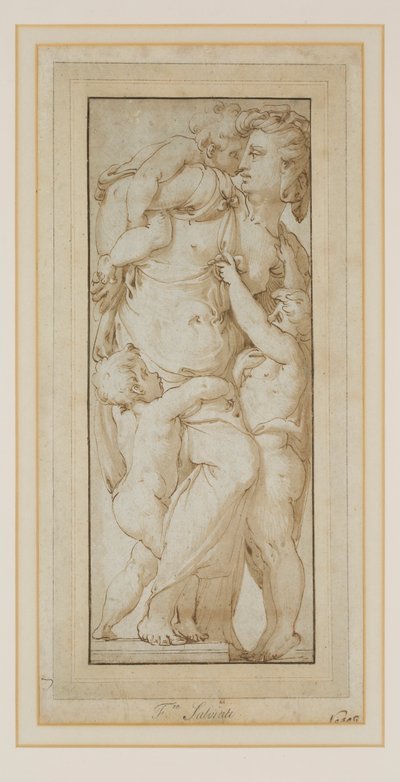 Studie av en kvinne og Putti (blekk og vask) av Francesco de Rossi (follower of) Salviati