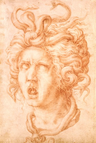 Medusa (rødt kritt på off-white lagt papir) av Francesco de Rossi Salviati Cecchino