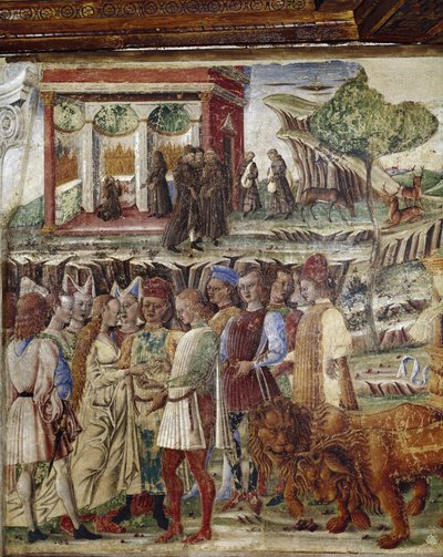 Allegori av juli måned, detalj av triumf av Jupiter, en bryllup scene detalj - fresco av Francesco del Cossa (ca. 1436-vers 1478) Ferrara (Ferrara) Palazzo Schifanoia, Salone dei Mesi av Francesco del Cossa